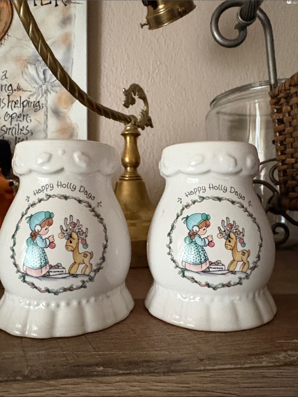 Precious Moments White Holiday Girl & Reindeer Ceramic Shaker